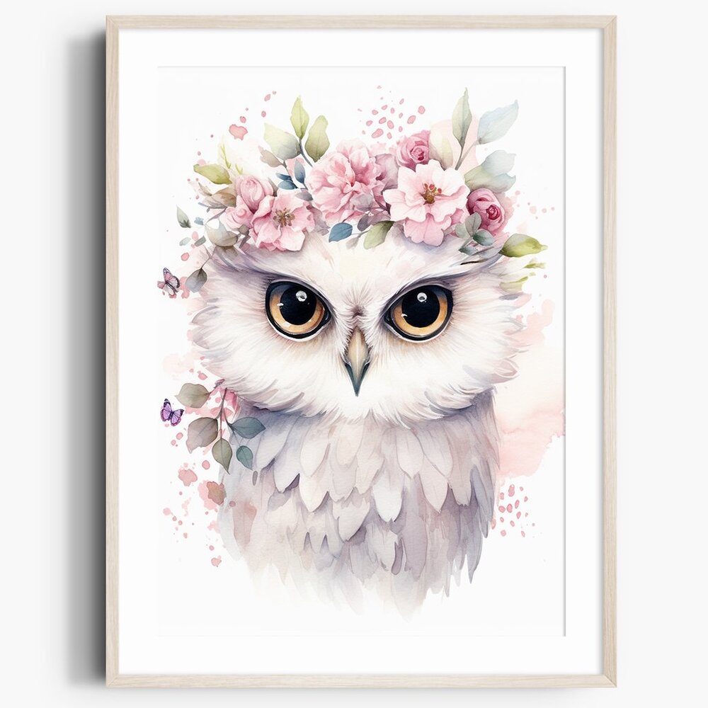 Watercolor Floral Owl Portrait Wall Art Illustration Print Poster Unframed